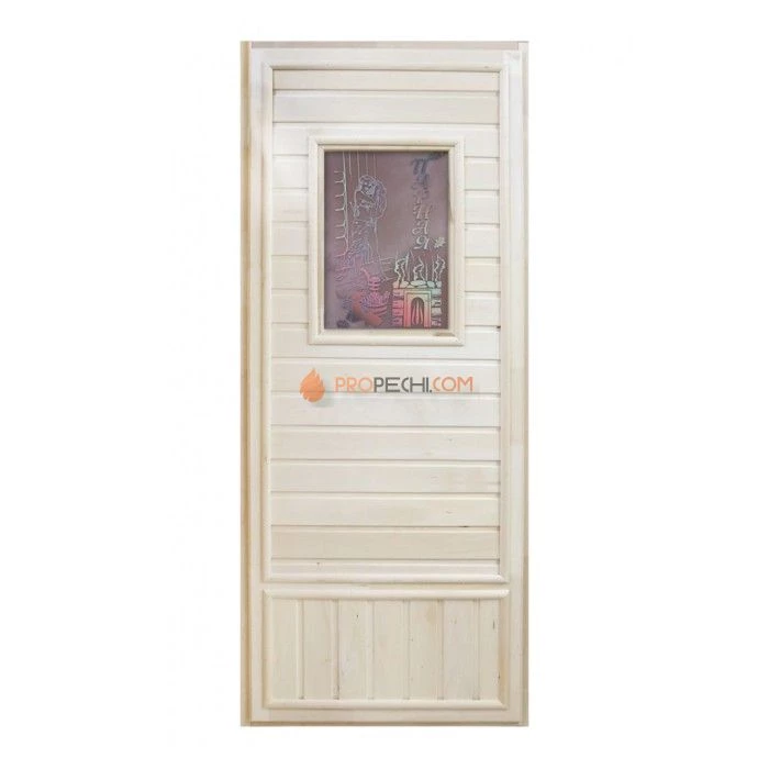 Дверь для бани DoorWood деревянная Вагонка эконом со стеклом Девушка в баньке (1850x750 мм)