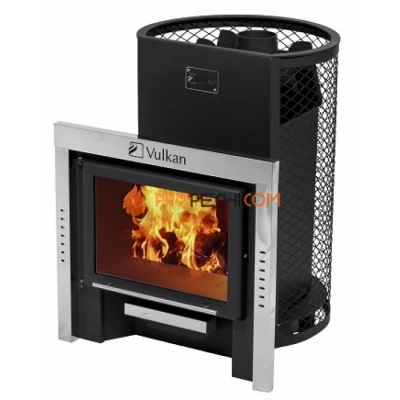Дровяная печь для бани Вулкан Прометей 18 с сетчатым кожухом (панорама)