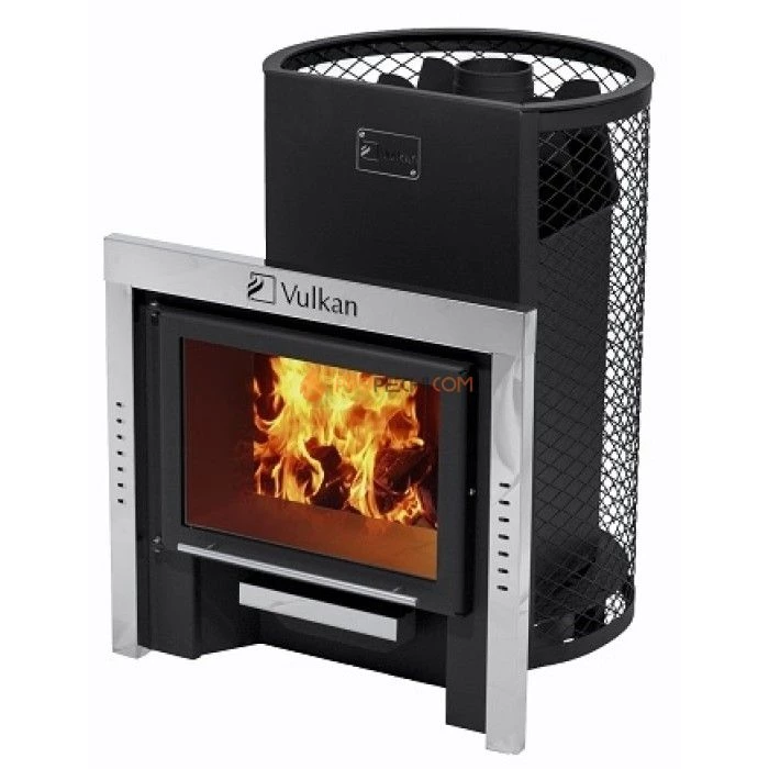 Дровяная печь для бани Вулкан Прометей 18 с сетчатым кожухом (панорама)