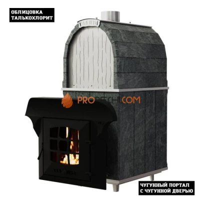 Чугунная печь для бани Инжкомцентр ВВД Калита Арочная PRO (талькохлорит) с чугунным порталом и чугунной дверцей