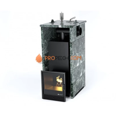 Дровяная печь для бани ИзиСтим Геленджик в трехстороннем кожухе с боковым подключением из змеевика