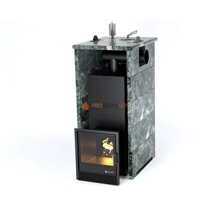 Дровяная печь для бани ИзиСтим Геленджик в трехстороннем кожухе с боковым подключением из змеевика