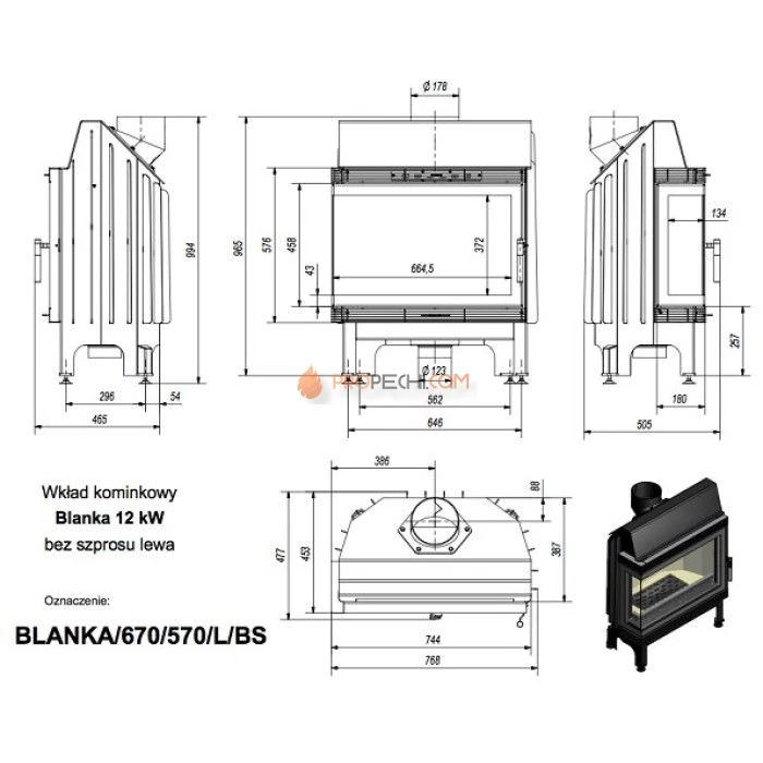 Каминная топка стальная Kratki Blanka 670/570/L/BS (угловое стекло слева) (12 кВт)