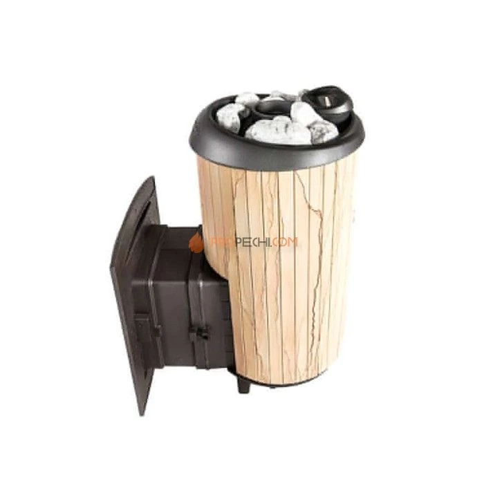 Чугунная печь для бани Атмосфера XL Про ламели Окаменевшее дерево перенесенный рисунок