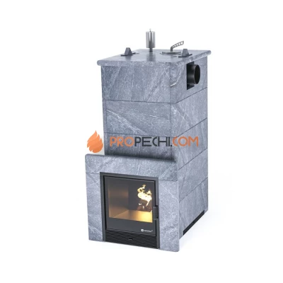 Дровяная печь для бани ИзиСтим Геленджик в полноценном кожухе с боковым подключением из талькохлорита
