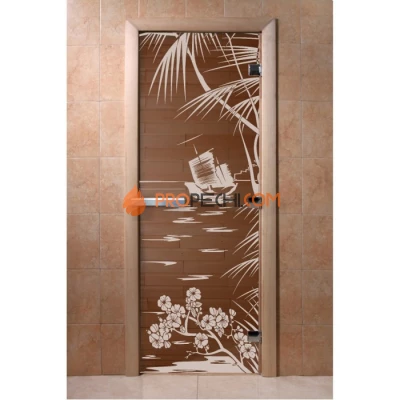 Дверь для бани DoorWood с рисунком Голубая лагуна Бронза, 1800x600 мм