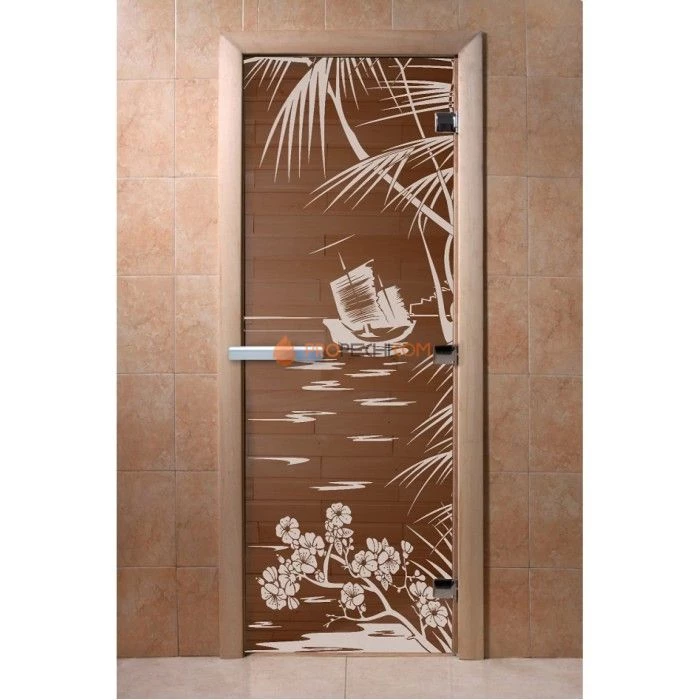 Дверь для бани DoorWood с рисунком Голубая лагуна Бронза, 2100x700 мм