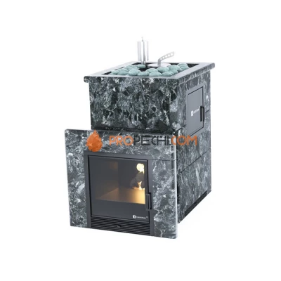 Дровяная печь для бани ИзиСтим Анапа М2 в полноценном кожухе с открытым верхом из пироксенита