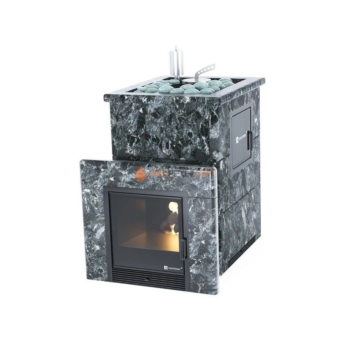 Дровяная печь для бани ИзиСтим Анапа М2 в полноценном кожухе с открытым верхом из пироксенита