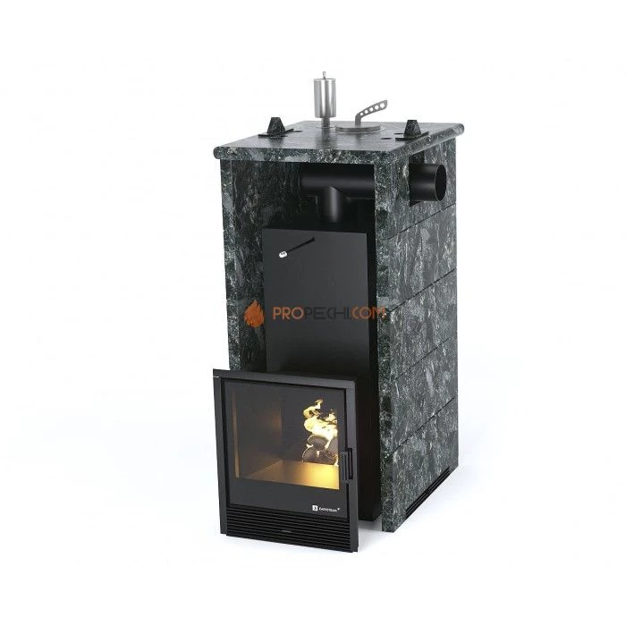 Дровяная печь для бани ИзиСтим Сочи в трехстороннем кожухе с боковым подключением из пироксенита