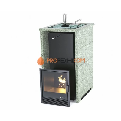 Дровяная печь для бани ИзиСтим Геленджик в трехстороннем кожухе с открытым верхом из жадеита