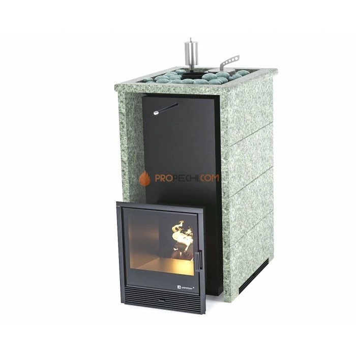 Дровяная печь для бани ИзиСтим Геленджик в трехстороннем кожухе с открытым верхом из жадеита