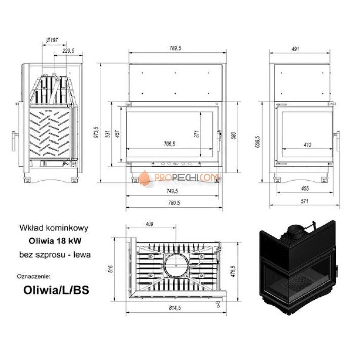 Каминная топка Kratki Oliwia/L/BS (угловое стекло слева)