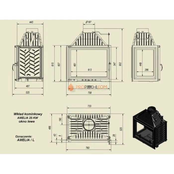 Каминная топка Kratki Amelia/L (стекло слева)