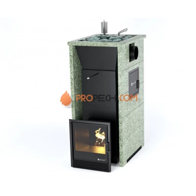 Дровяная печь для бани ИзиСтим Геленджик М2 в трехстороннем кожухе с открытым верхом с боковым подключением из жадеита