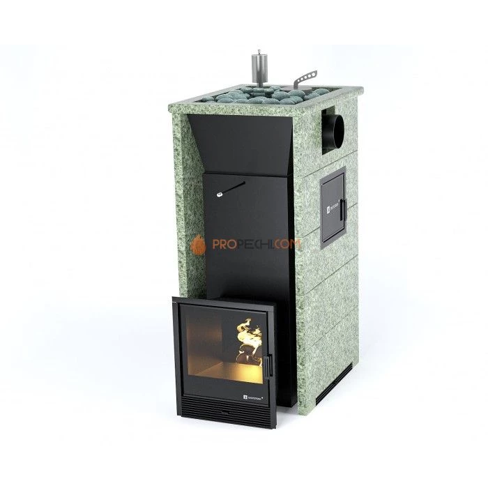 Дровяная печь для бани ИзиСтим Геленджик М2 в трехстороннем кожухе с открытым верхом с боковым подключением из жадеита