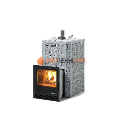 Дровяная печь для бани ИзиСтим Ялта 15 К/2024 в кожухе Хохлома серый