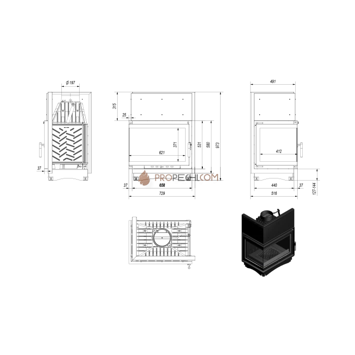 Каминная топка Kratki Zuzia/L/BS (угловое стекло слева)