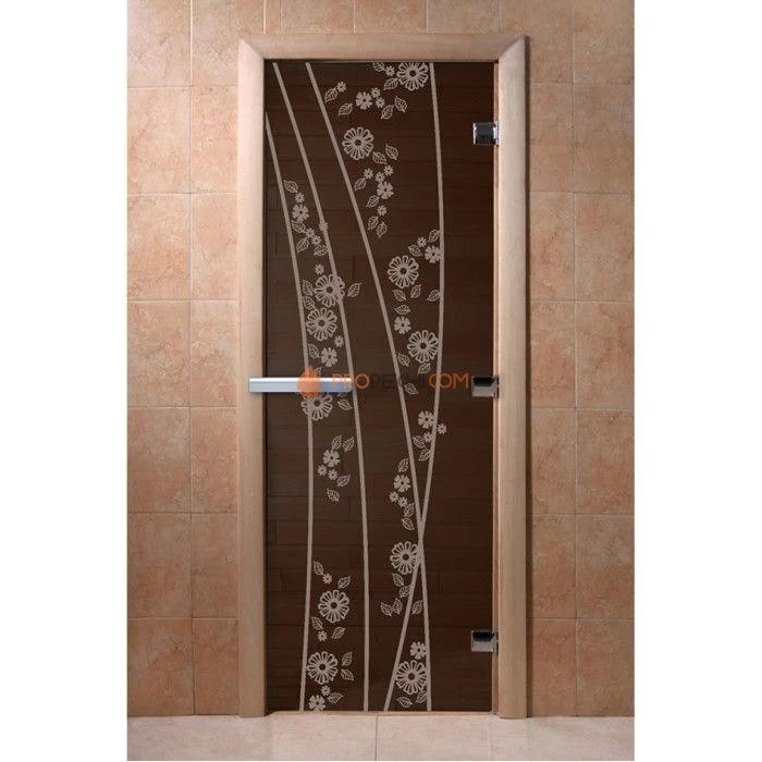 Дверь для бани DoorWood с рисунком Весна цветы Черный жемчуг, 1900x700 мм