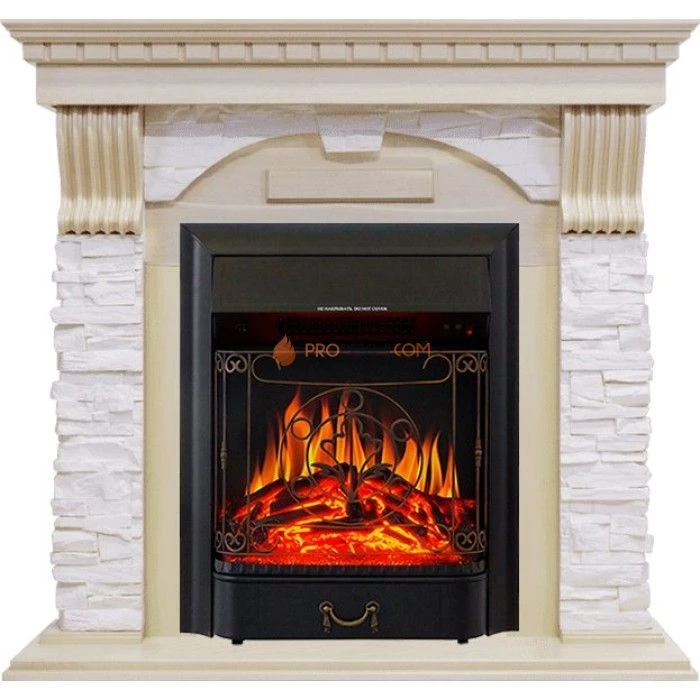 Каминокомплект Royal Flame Dublin - Слоновая кость с патиной / Сланец крем с очагом Majestic FX Black