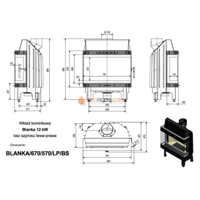 Каминная топка стальная Kratki Blanka 670/570/LP/BS (угловое стекло слева-справа) (12 кВт)