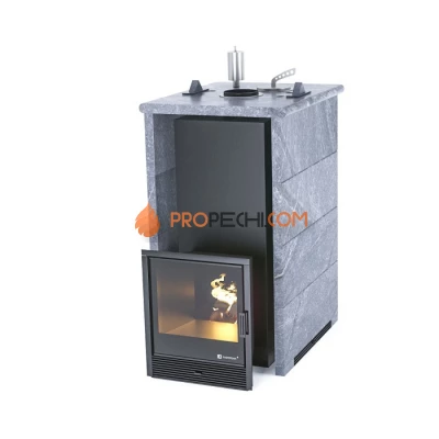 Дровяная печь для бани ИзиСтим Геленджик в трехстороннем кожухе из талькохлорита