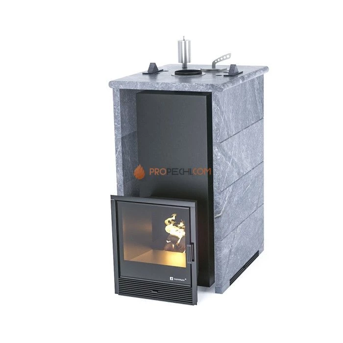 Дровяная печь для бани ИзиСтим Геленджик в трехстороннем кожухе из талькохлорита