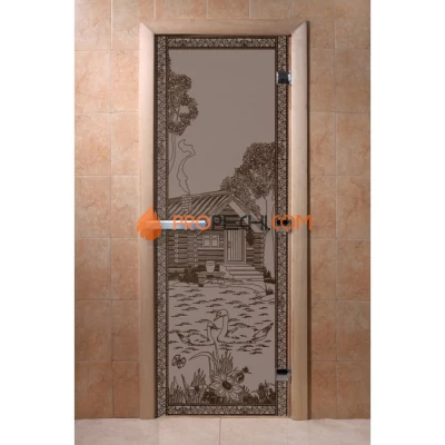 Дверь для бани DoorWood с рисунком Банька в лесу Черный жемчуг матовая, 2000x800 мм