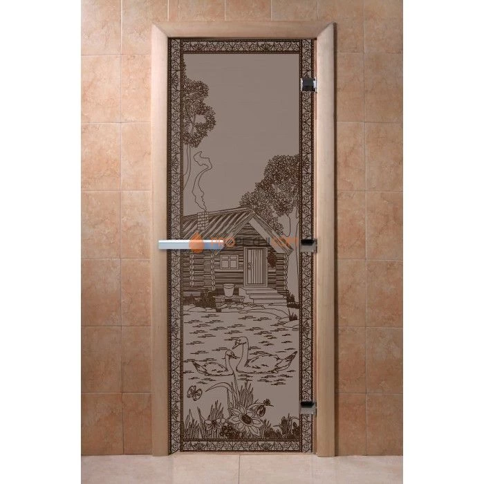 Дверь для бани DoorWood с рисунком Банька в лесу Черный жемчуг матовая, 2000x800 мм