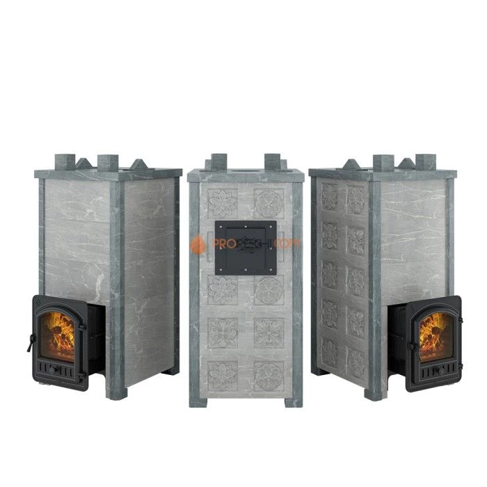 Печь для бани Эверест Легкий пар Профи в облицовке Талькохлорит, Резная (2 стороны) S-50 мм