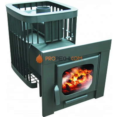 Дровяная печь для бани Варвара Каменка удлиненная топка Панорамная дверь