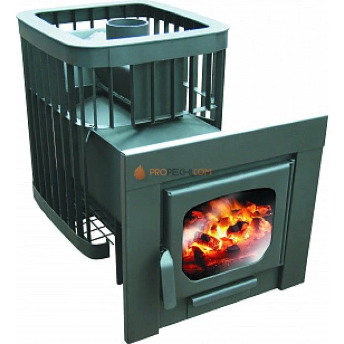 Дровяная печь для бани Варвара Каменка удлиненная топка Панорамная дверь