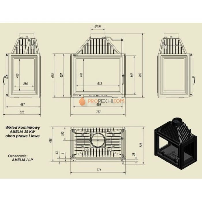 Каминная топка Kratki Amelia/LP (стекло слева-справа)
