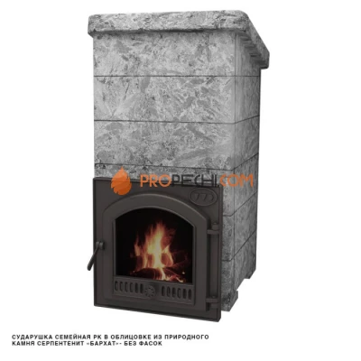 Чугунная печь для бани Инжкомцентр ВВД Сударушка Семейная РК (серпентинит Бархат) с чугунной дверцей, без фасок, дымоход сверху