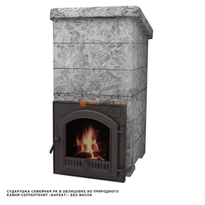 Чугунная печь для бани Инжкомцентр ВВД Сударушка Семейная РК (серпентинит Бархат) с чугунной дверцей, без фасок, дымоход сверху