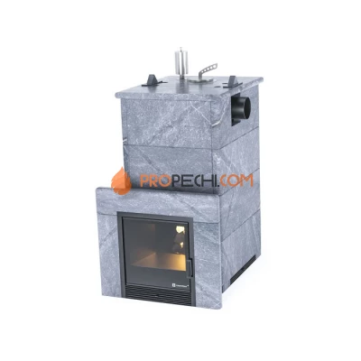 Дровяная печь для бани ИзиСтим Анапа в полноценном кожухе с боковым подключением из талькохлорита