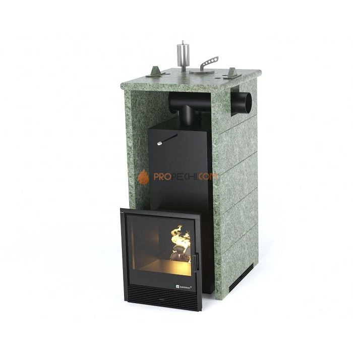 Дровяная печь для бани ИзиСтим Сочи в трехстороннем кожухе с боковым подключением из жадеита