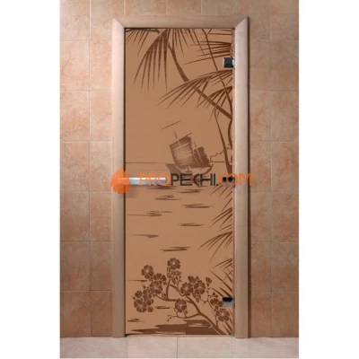 Дверь для бани DoorWood с рисунком Голубая лагуна Бронза матовая, 2000x700 мм