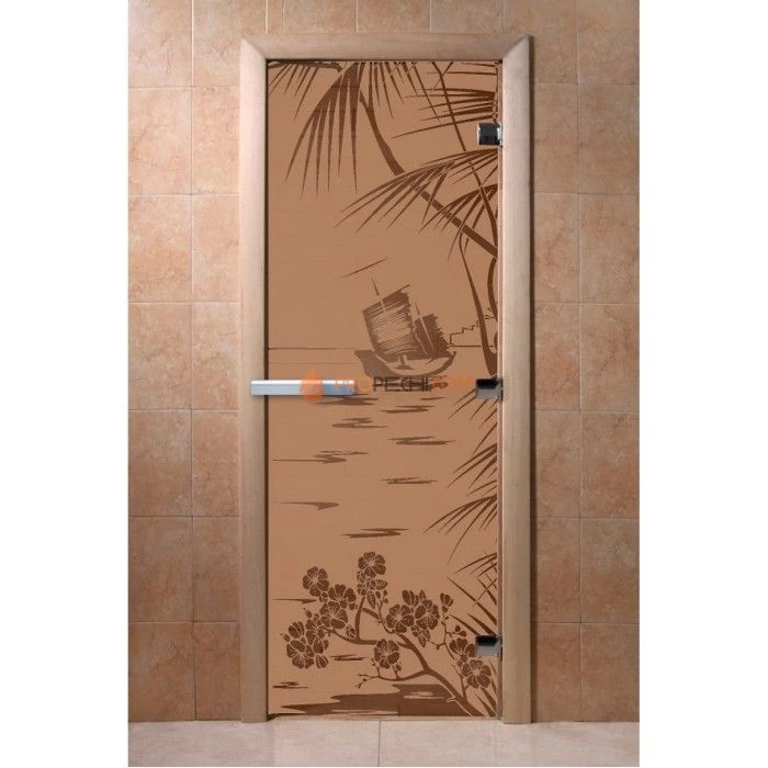Дверь для бани DoorWood с рисунком Голубая лагуна Бронза матовая, 2000x700 мм