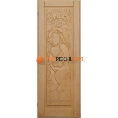 Дверь для бани DoorWood деревянная Массив с резьбой Медведь (1900х700 мм)