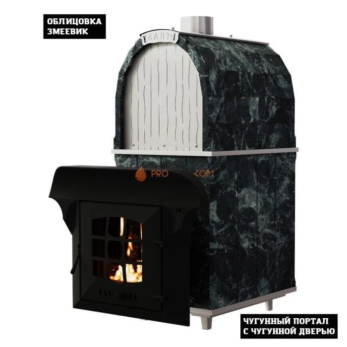 Чугунная печь для бани Инжкомцентр ВВД Калита Арочная PRO (змеевик) с чугунным порталом и чугунной дверцей