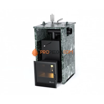 Дровяная печь для бани ИзиСтим Анапа в трехстороннем кожухе с боковым подключением из змеевика