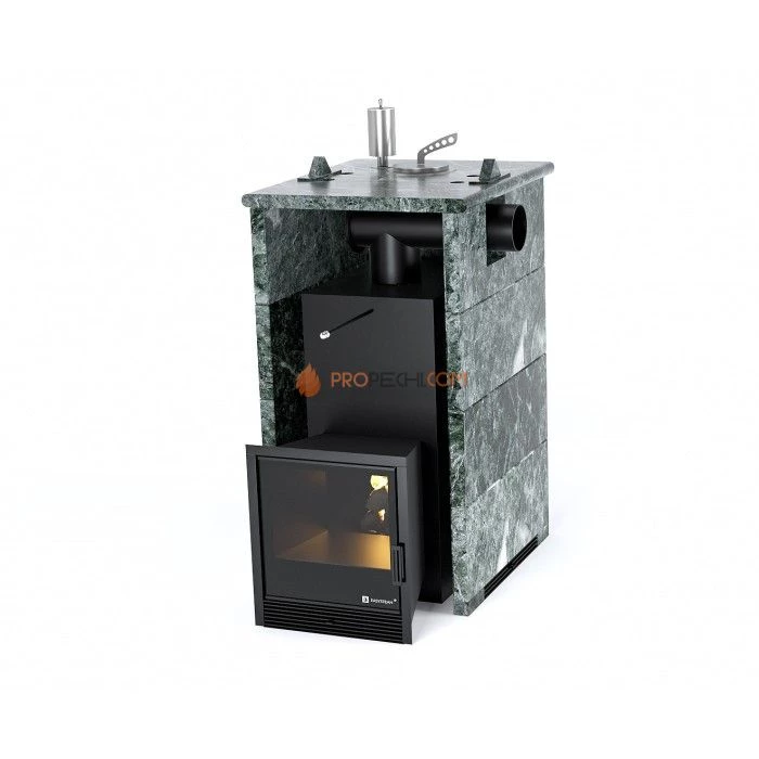 Дровяная печь для бани ИзиСтим Анапа в трехстороннем кожухе с боковым подключением из змеевика
