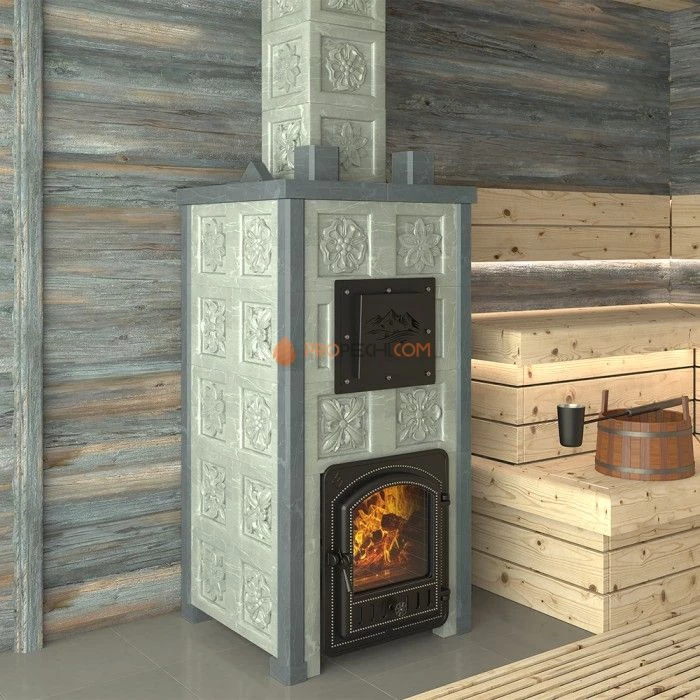 Печь для бани Эверест Легкий пар Профи в облицовке Талькохлорит, Резная (3 стороны + фасад) S-50 м