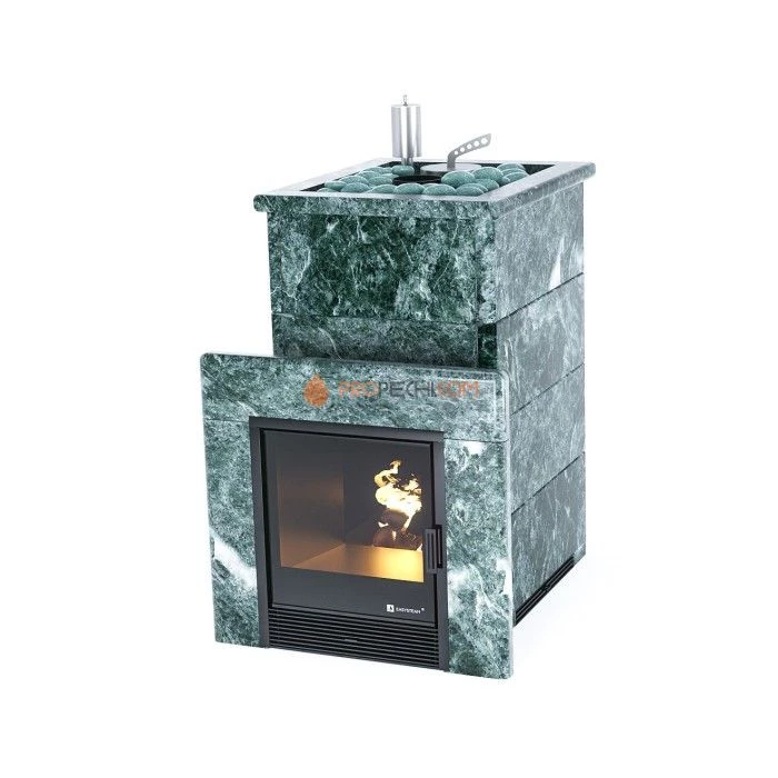 Дровяная печь для бани ИзиСтим Сочи в полноценном кожухе с открытым верхом из змеевика