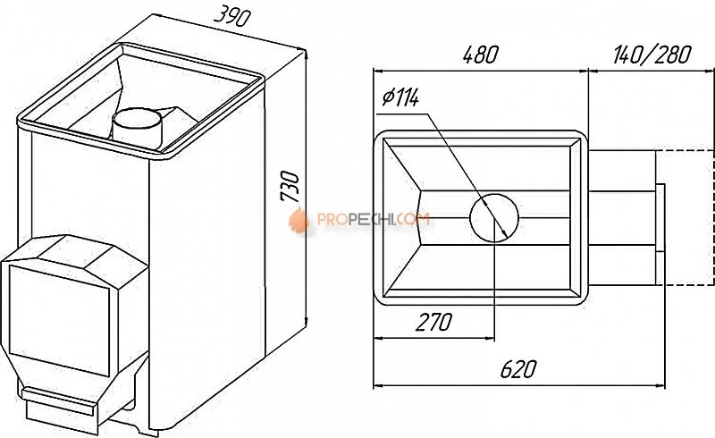 Печь банная Варвара Мини, удлиненная топка