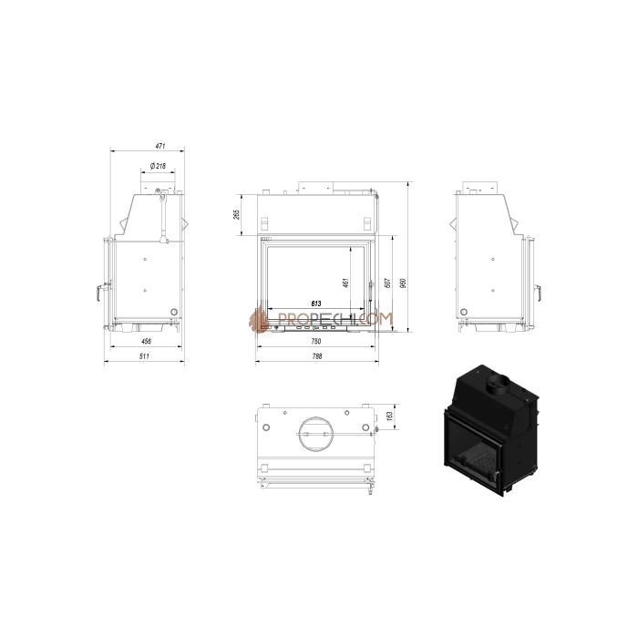 Каминная топка стальная Kratki AMELIA/PW/30/W с теплообменником