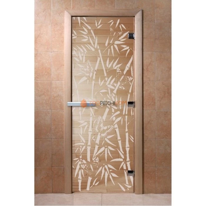 Дверь для бани DoorWood с рисунком Бамбук и бабочки Прозрачная, 1800x700 мм