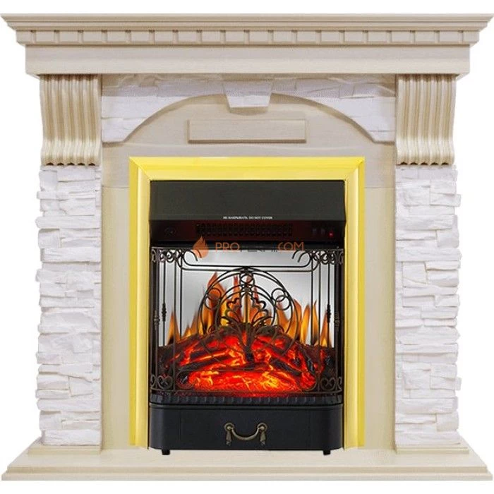 Каминокомплект Royal Flame Dublin - Слоновая кость с патиной / Сланец крем с очагом Majestic FX M Brass
