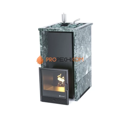 Дровяная печь для бани ИзиСтим Геленджик в трехстороннем кожухе с открытым верхом из змеевика
